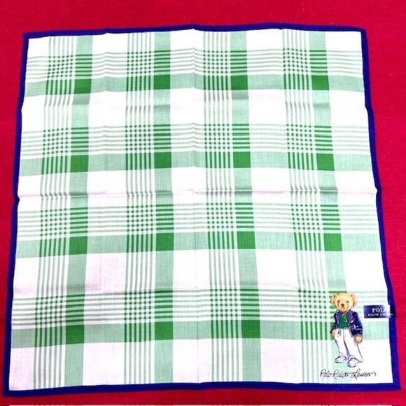 Polo Ralph Lauren  Mini Scarf Handkerchief 19: white green check with Bear (93) - Picture 6 of 7